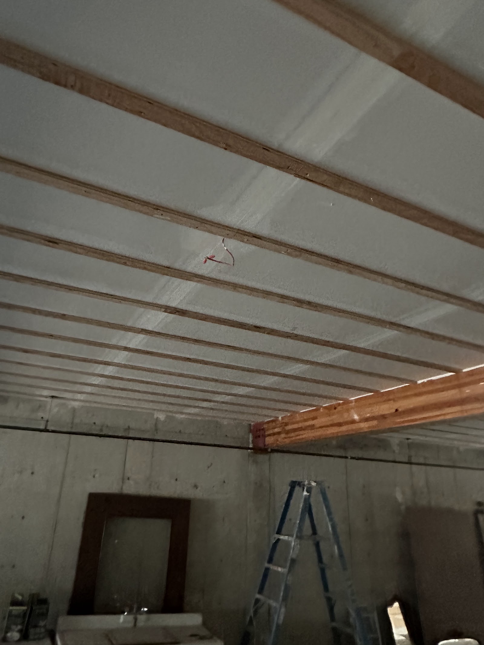 Ceiling with exposed joists in the level below before repairs