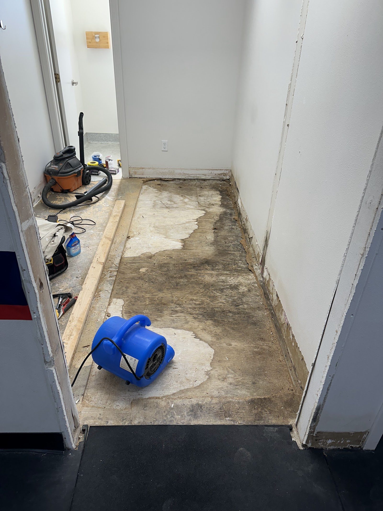 Water-damaged hallway with drying fan and wet subfloor before repairs